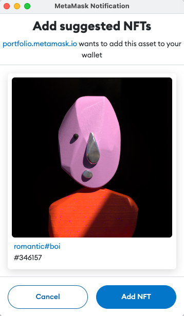 MetaMask wallet_watchAsset NFT confirmation dialog showing token details